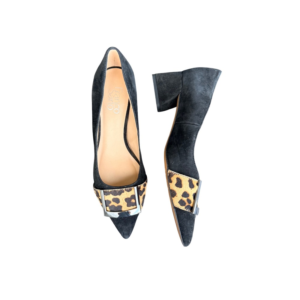 Franco Sarto Size 8 Black Suede Pumps Leopard Calf Hair Buckle Pointed Toe Heels